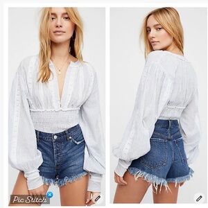 Free People White Blouse with Blue Stripes